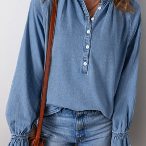 Half Button Long Sleeve Denim Top