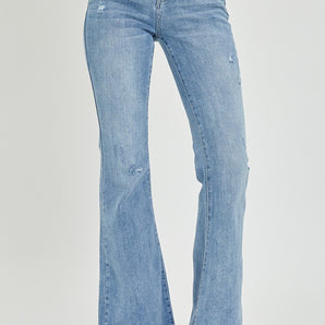 High Rise Frayed Hem Flare Jeans