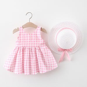 Baby Girl Plaid Skirt Fashion Girl Skirt Free Straw Hat