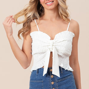 BiBi Ruffled Smocked Cami Top with Ribbon Detail – Women's Ruffle Summer Blouse