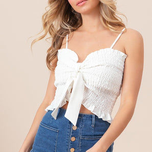 BiBi Ruffled Smocked Cami Top with Ribbon Detail – Women's Ruffle Summer Blouse